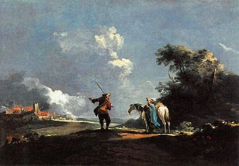 Paesaggio con due viaggiatori, edifici in fiamme sullo sfondo